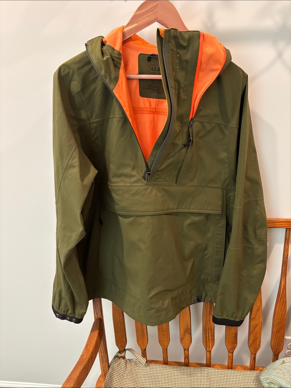 LL Bean Men's Olive Green Anorak Jacket with Orange Lining